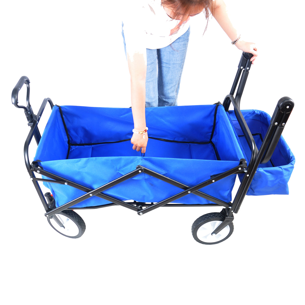 Folding Collapsible Outdoor Utility Wagon Heavy Duty Garden Portable Hand Cart Drink Holder Adjustable Handles Blue