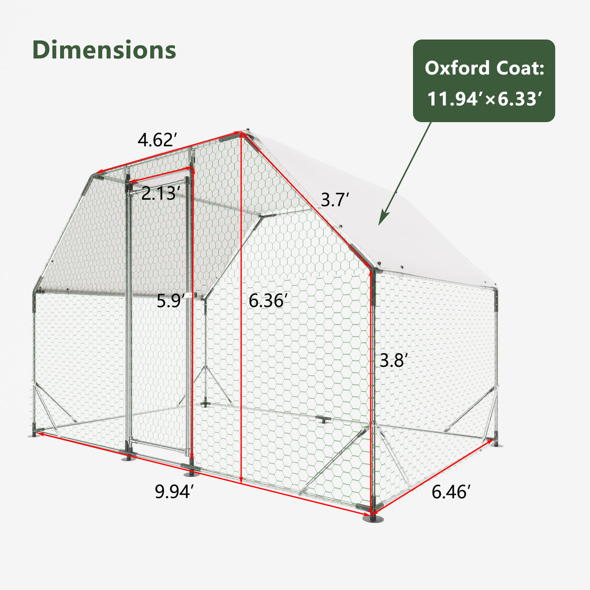 Grand poulailler en métal de 9,94 pi de longueur x 6,46 pi de largeur x 6,36 pi de cage à volaille sans rendez-vous, de forme plate et étanche