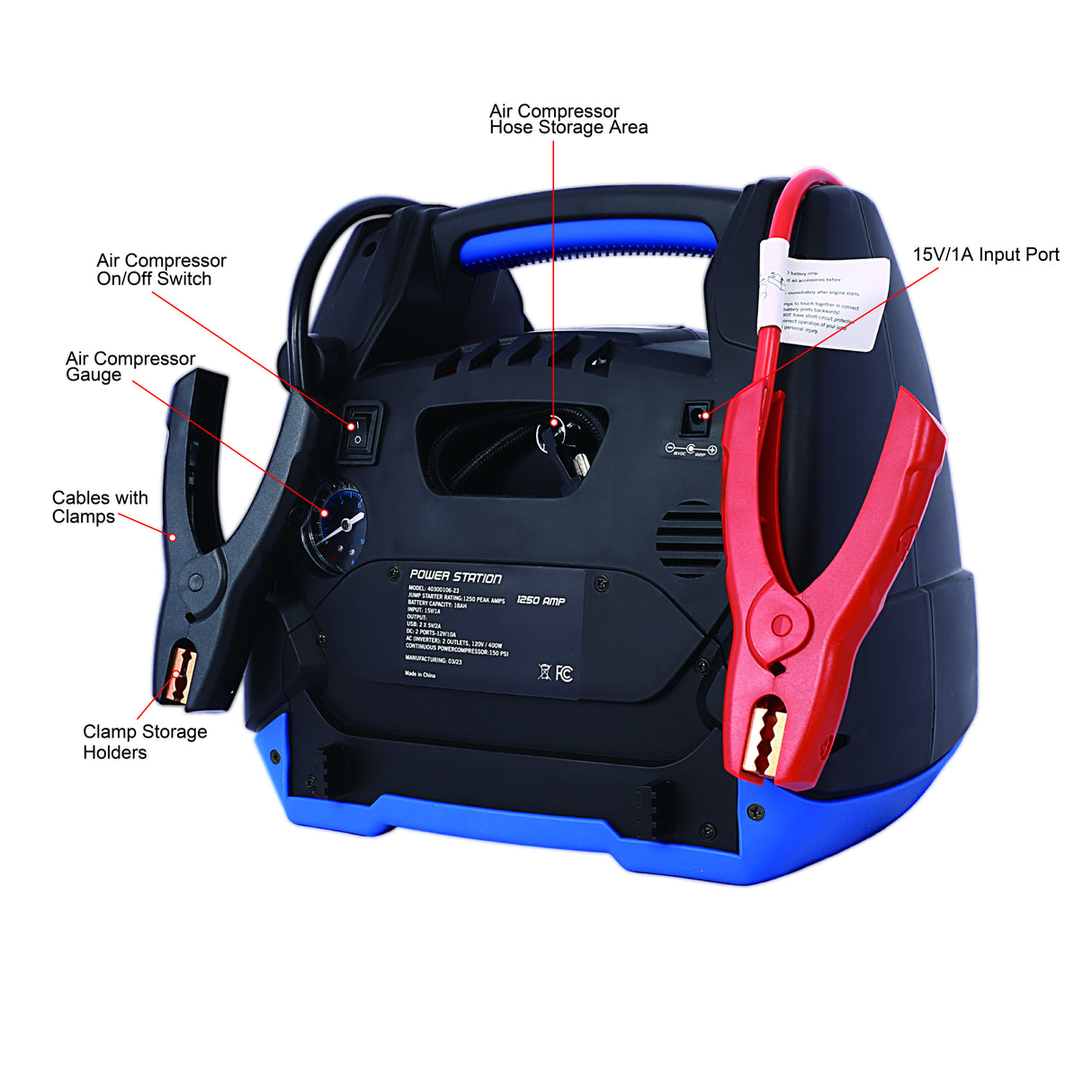 Rechargeable Jump Starter for Gas Diesel Vehicles 1800 Amps with Air Compressor and AC 12V DC USB Power Station