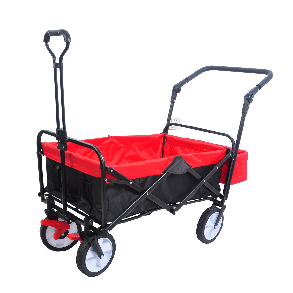 Zusammenklappbarer Mehrzweckwagen für den Außenbereich, robust, zusammenklappbar, für den Garten, tragbarer Handwagen, Getränkehalter, verstellbare Griffe, Schwarz, Rot