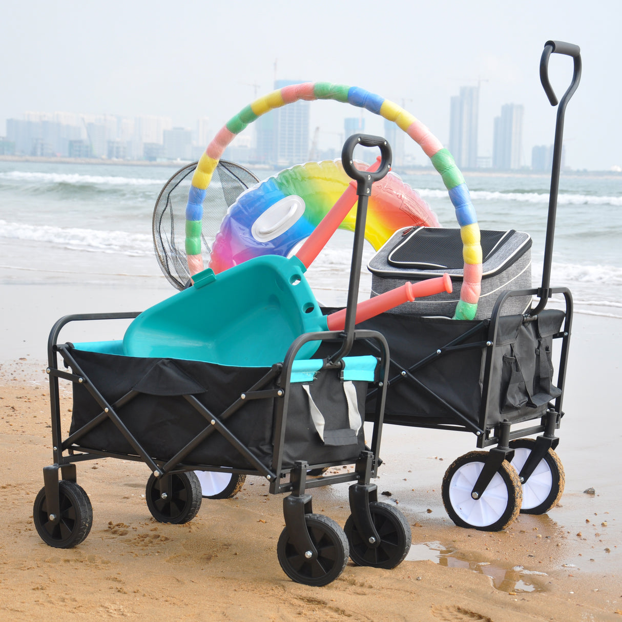 Mini carro plegable para compras de jardín, carrito de playa, negro y azul