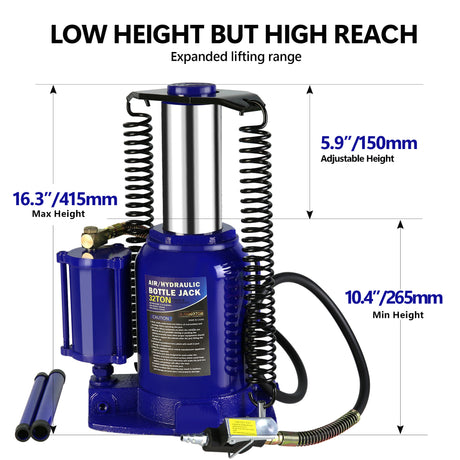 Gato de botella hidráulico de aire, 32 toneladas, Manual, reparación de camión, RV, herramientas de elevación automotriz, camión resistente