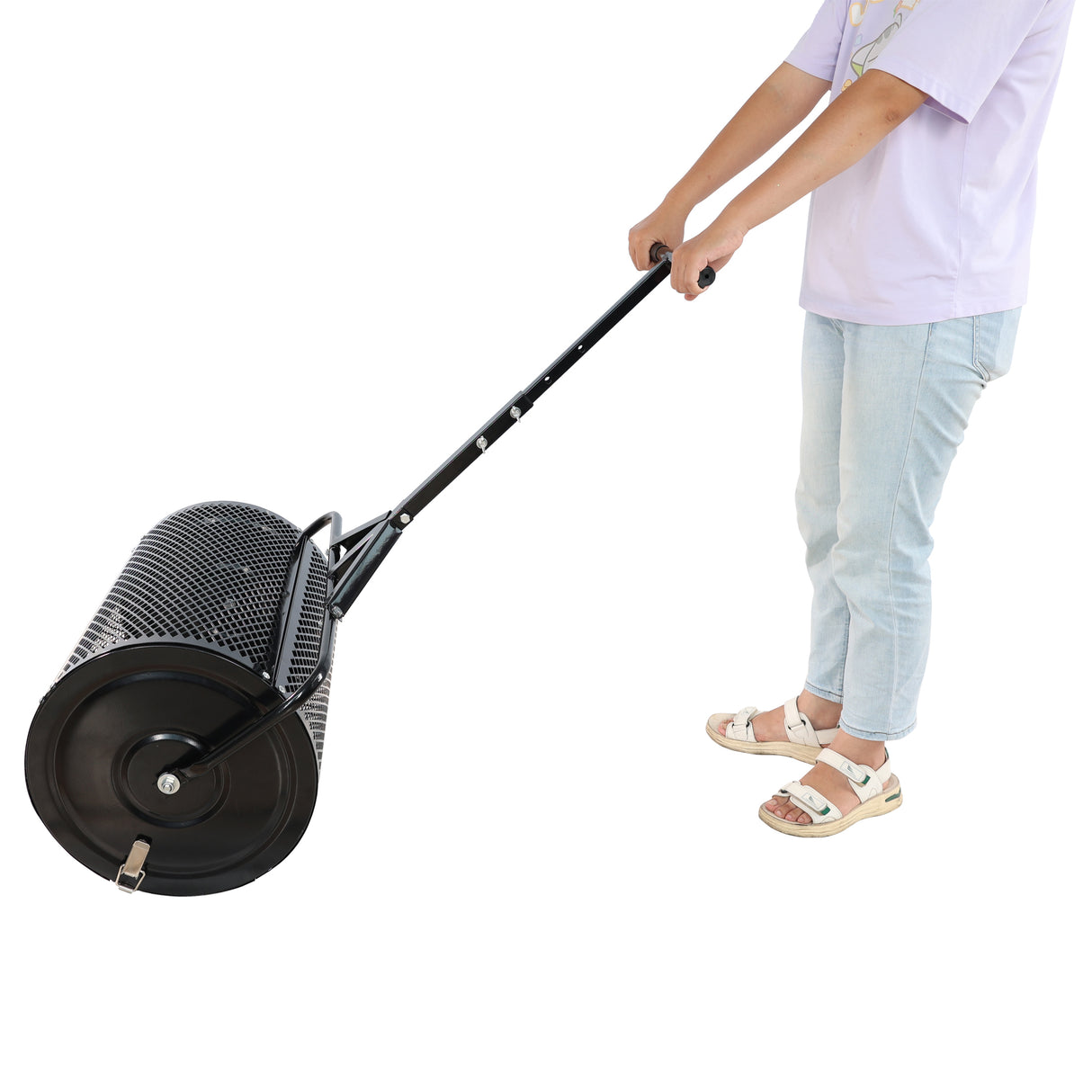 Compost Peat Moss Spreader na may Upgrade T Shaped Handle para sa Pagtanim ng Seeding Matibay Magaang Metal Mesh para sa Lawn Garden Care Dure Black