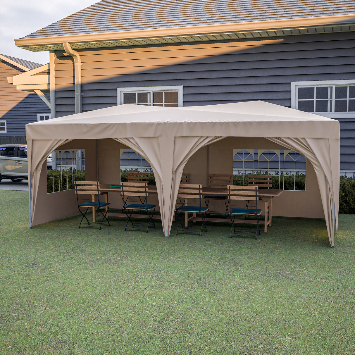 EZ Pop Up Canopy Tente pliante portable pour fête d'extérieur 10' x 20' avec 6 parois latérales amovibles + sac de transport + 6 sacs de poids Beige