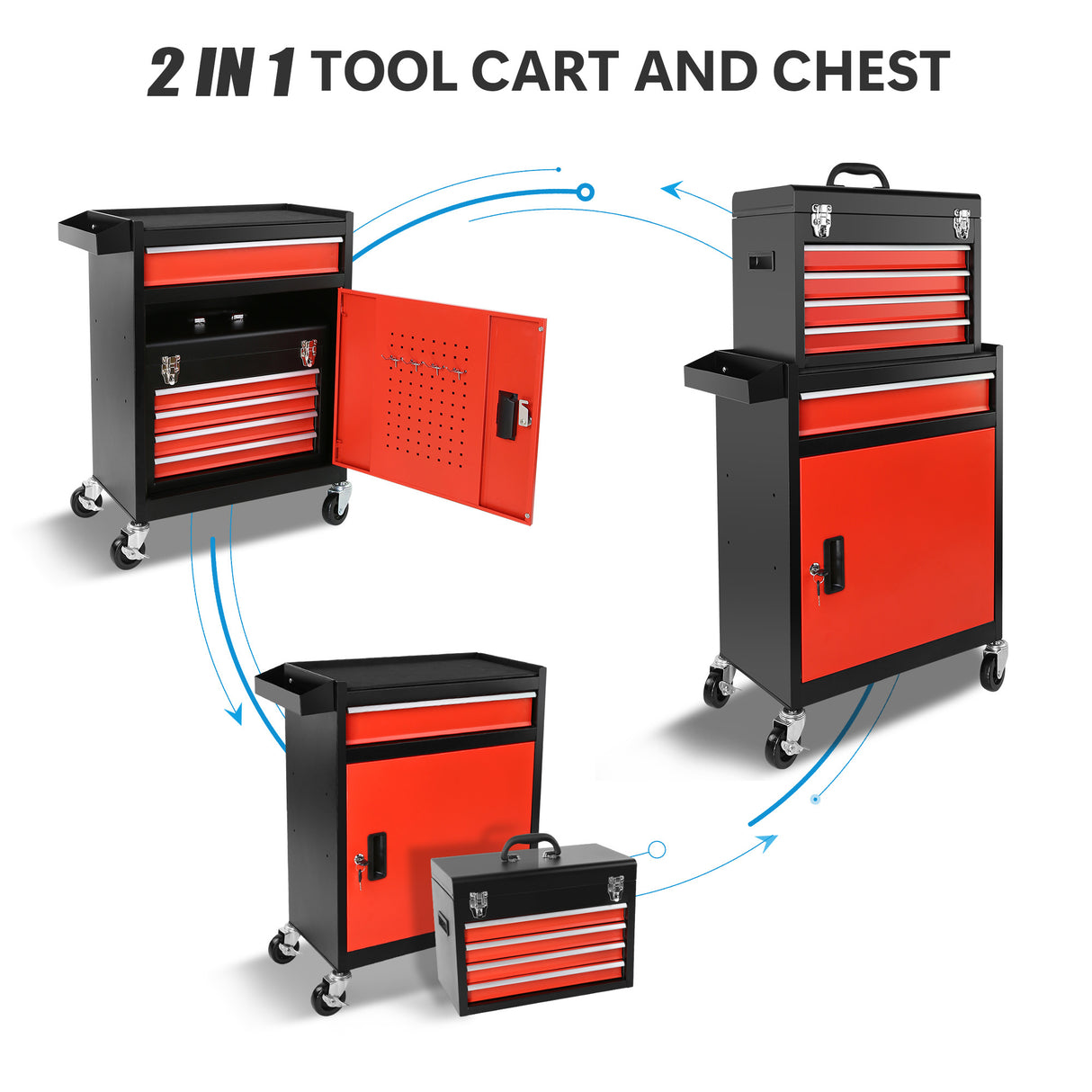 Tool Chest 5-Drawer Rolling Storage Cabinet with Detachable Top Box Liner Universal Lockable Wheels Locking Mechanism Metal Cart for Garage Workshop