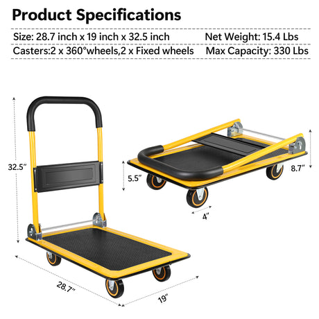 Carrello a mano con piattaforma mobile Carrello a mano pieghevole grande per casa Carrello da 330 libbre di capacità Resistente salvaspazio pieghevole con maniglia di spinta girevole Carro a letto piatto