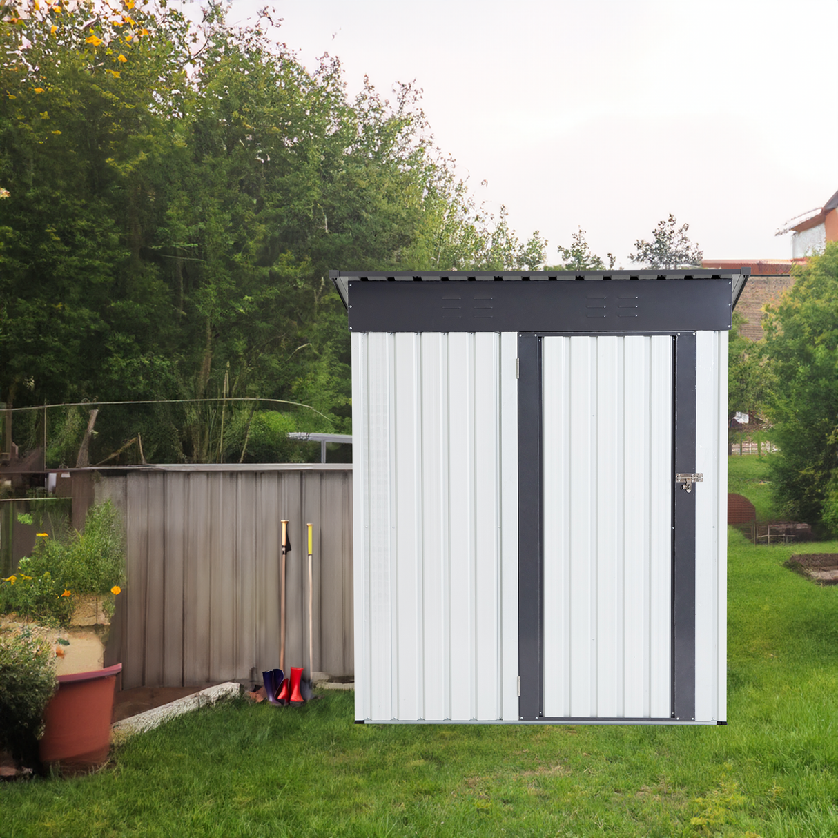 5x3x6ft Garden Metal Storage Lifter Shed Outdoor Storing Tools Rainproof Hinge Door Version Gray White