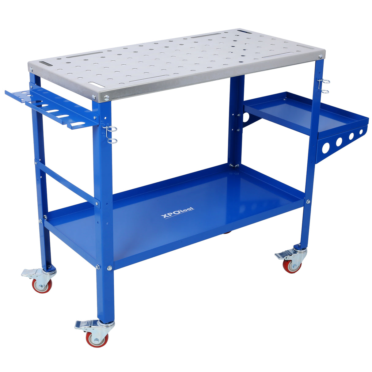 Welding Workbench Table 36"x18" 1200lbs Load Capacity Steel on Wheels Portable Work Bench with Braking Lockable Casters Tool Slots 5/8-inch Fixture Holes Tray Blue