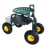 Garden Trolley Rolling Work Chair with Wheels Stool for Planting 360 Degree Swivel Seat Station Wagon Scooter with Steering Handle and Utility Tray for Yard and Outdoors Green