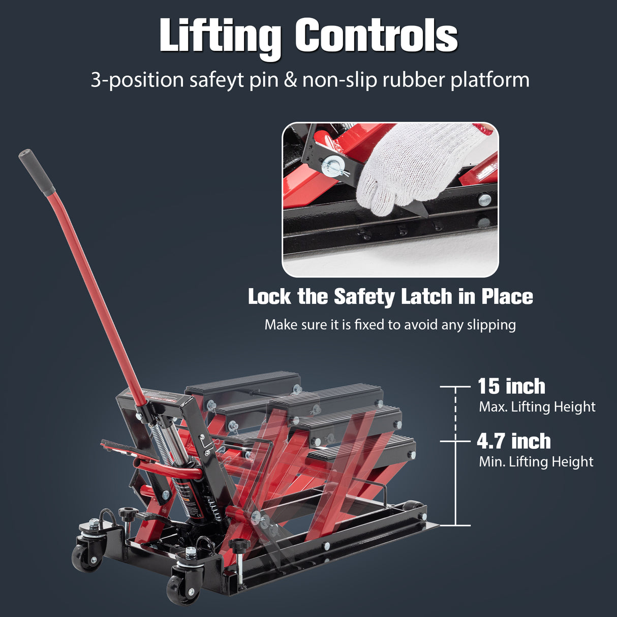 Hydraulische motorfietshefkrik 1500 LBS capaciteit voetbediende tafel ATV-schaar met 4,5" 15" hefbereik draagbaar met wielen - Rood