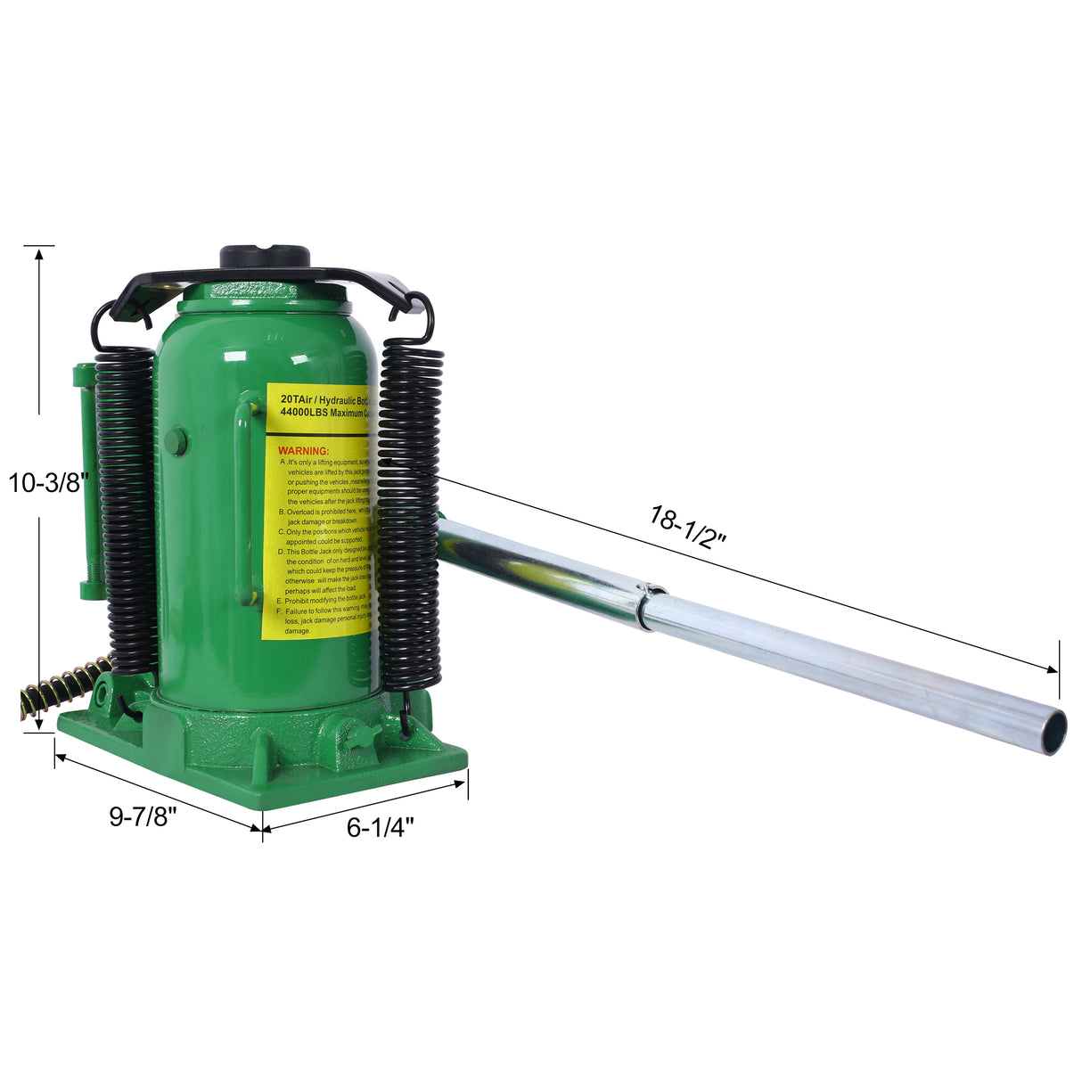 Gato hidráulico de botella de aire de 20 toneladas/44029 LBS, todo soldado, rango de elevación de 10,2 a 19,7 pulgadas, mango manual y bomba de aire para camioneta, RV, reparación de automóviles, ingeniería industrial, verde