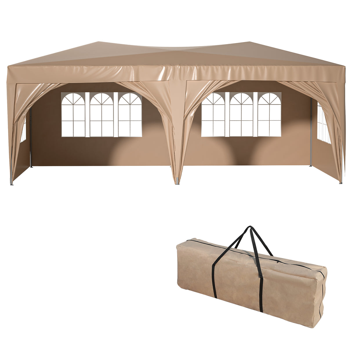 EZ Pop Up Canopy Tente pliante portable pour fête d'extérieur 10' x 20' avec 6 parois latérales amovibles + sac de transport + 6 sacs de poids Beige