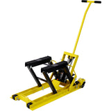 Gato elevador hidráulico para motocicleta, capacidad de 1500 libras, mesa portátil de tijera ATV con 4 ruedas, soporte de elevación accionado por el pie con amarre, color amarillo