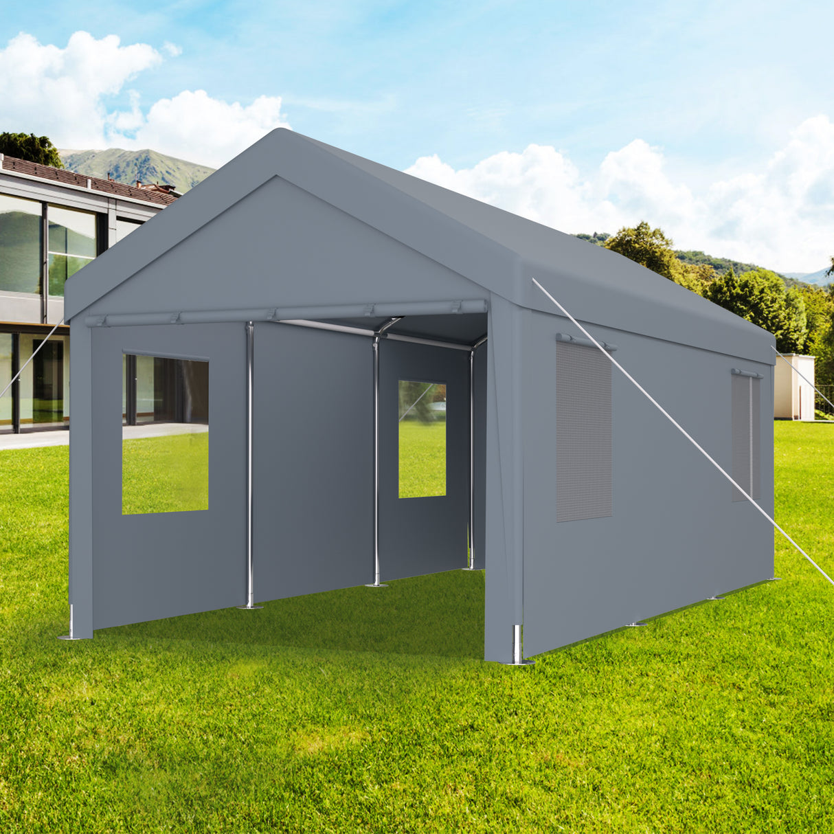 Abri d'auto 10' x 20', auvent de garage portable robuste avec 2 portes enroulables et 4 fenêtres ventilées - gris