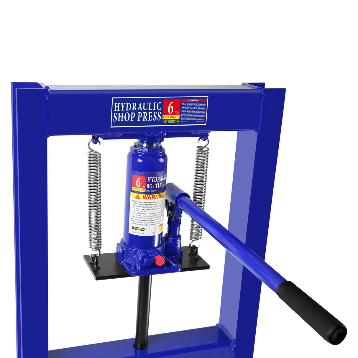 Steel H-Frame Hydraulic Shop Press with Stamping Plates to Bend Straighten or Press Parts Install Bearings and U-Joints 6 Ton Capacity Blue