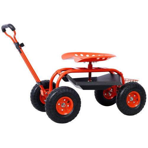 Garden Cart Rolling Scooter Adjustable Height Heavy Duty with 4 Wheels and Extendable Handle Stool with 360-Degree Seat and Tool Tray Red