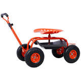 Garden Cart Rolling Scooter Adjustable Height Heavy Duty with 4 Wheels and Extendable Handle Stool with 360-Degree Seat and Tool Tray Red