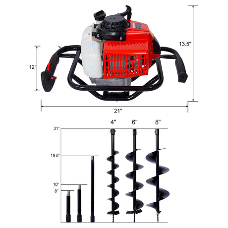 2.7HP Post Hole Digger 63cc Gas-Powered 2-Stroke Auger Digging Drill Shaft Size 3/4" EPA certificated with L4"+L6"+L8" DRILL BITS+EXT ROD KITS