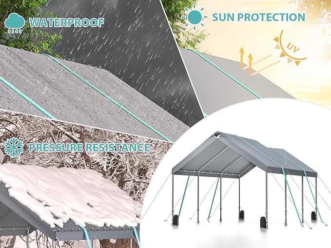 Sannwsg 10 * 20 Heavy Duty Carport Canopy Extra Large Portable Car Tent Garage na may Adjustable Peak Taas mula 9.5ft hanggang 11ft Naaalis na Roof at Side Walls para sa Car SUV Boat--Gray