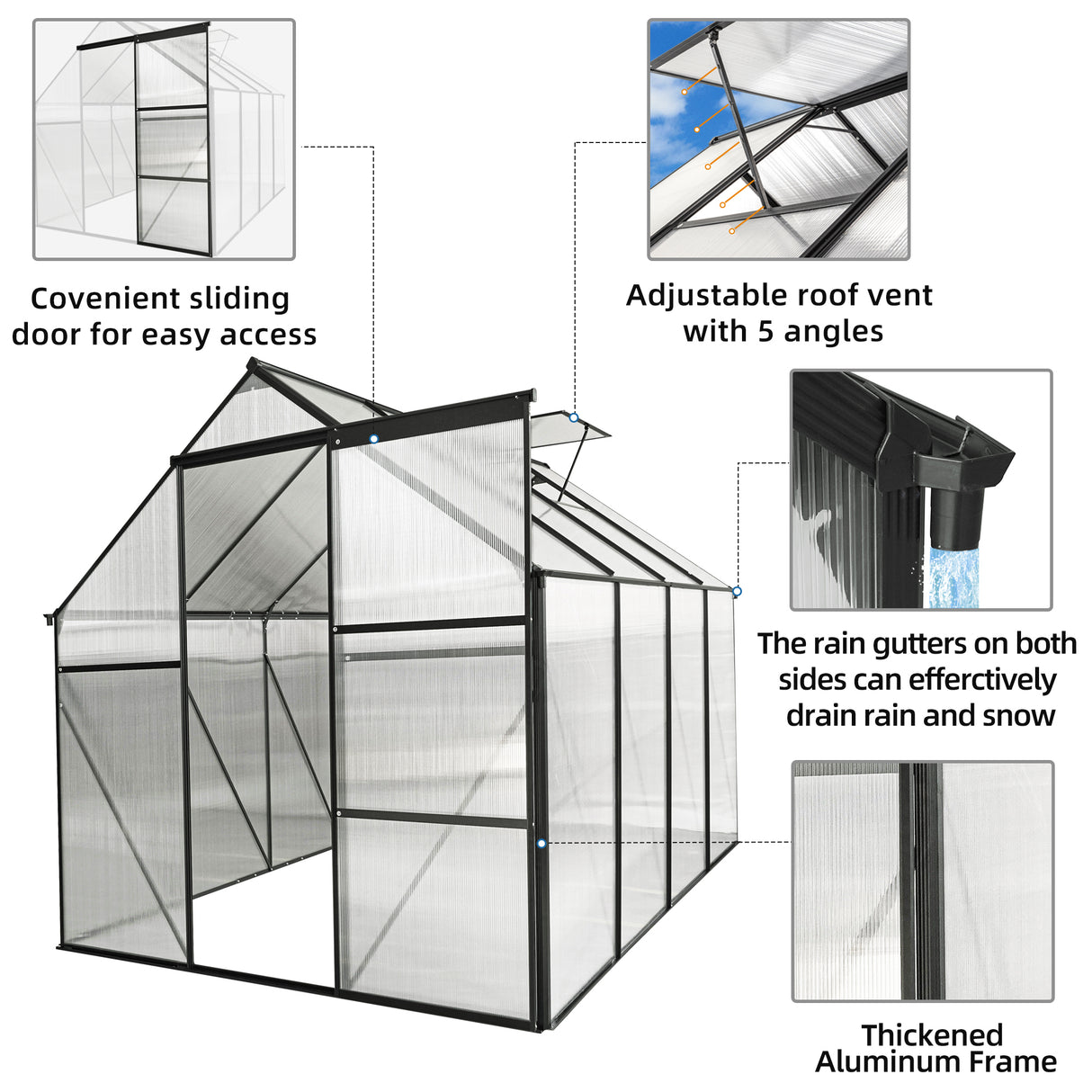 6x8 FT Polycarbonat-Gewächshaus mit erhöhtem Sockel und Anker, robustes begehbares Aluminium für den Garten im Freien, ganzjährig in Schwarz erhältlich