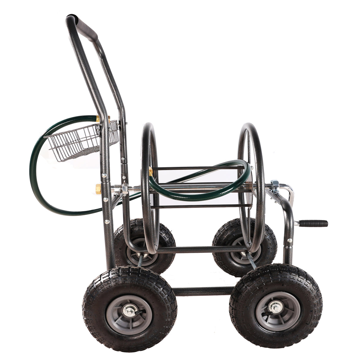 4 Wheels Portable Garden Hose Reel Cart with Storage Basket Rust Resistant Heavy Duty Water Hose Holder