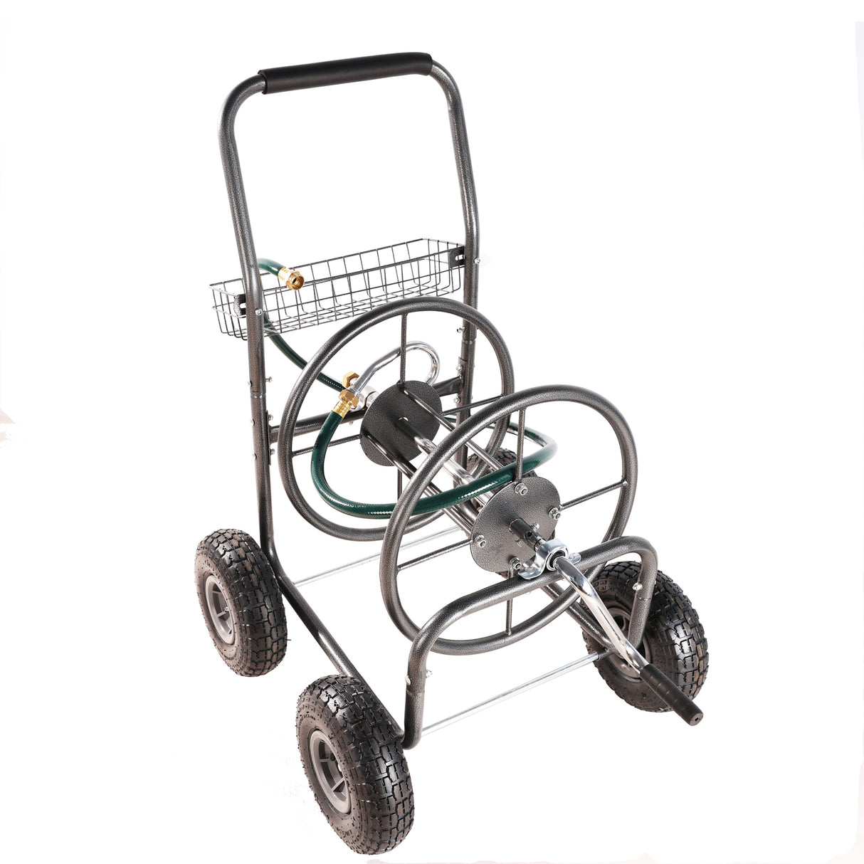 4 Wheels Portable Garden Hose Reel Cart na may Storage Basket Lumalaban sa kalawang na Mabigat na Tungkulin na Water Hose Holder Steel