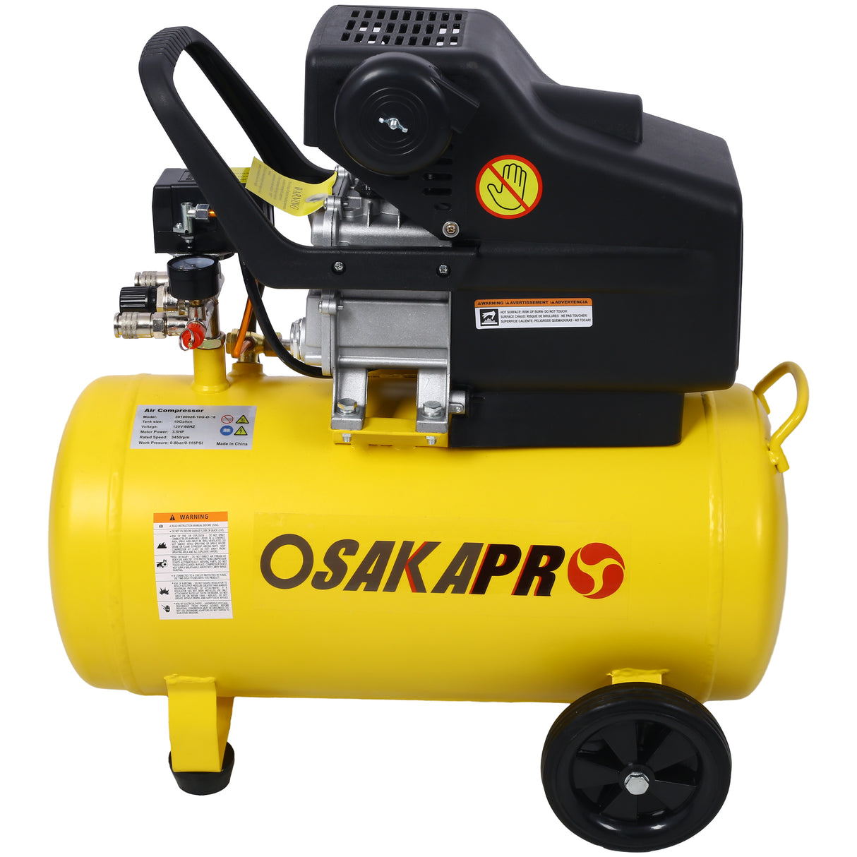 3.5HP Portable 10 Gallons Oil-Lubricated Air Compressor Tank Ultra Quiet Horizontal Adjustable Pressure with Built-in Wheel Yellow