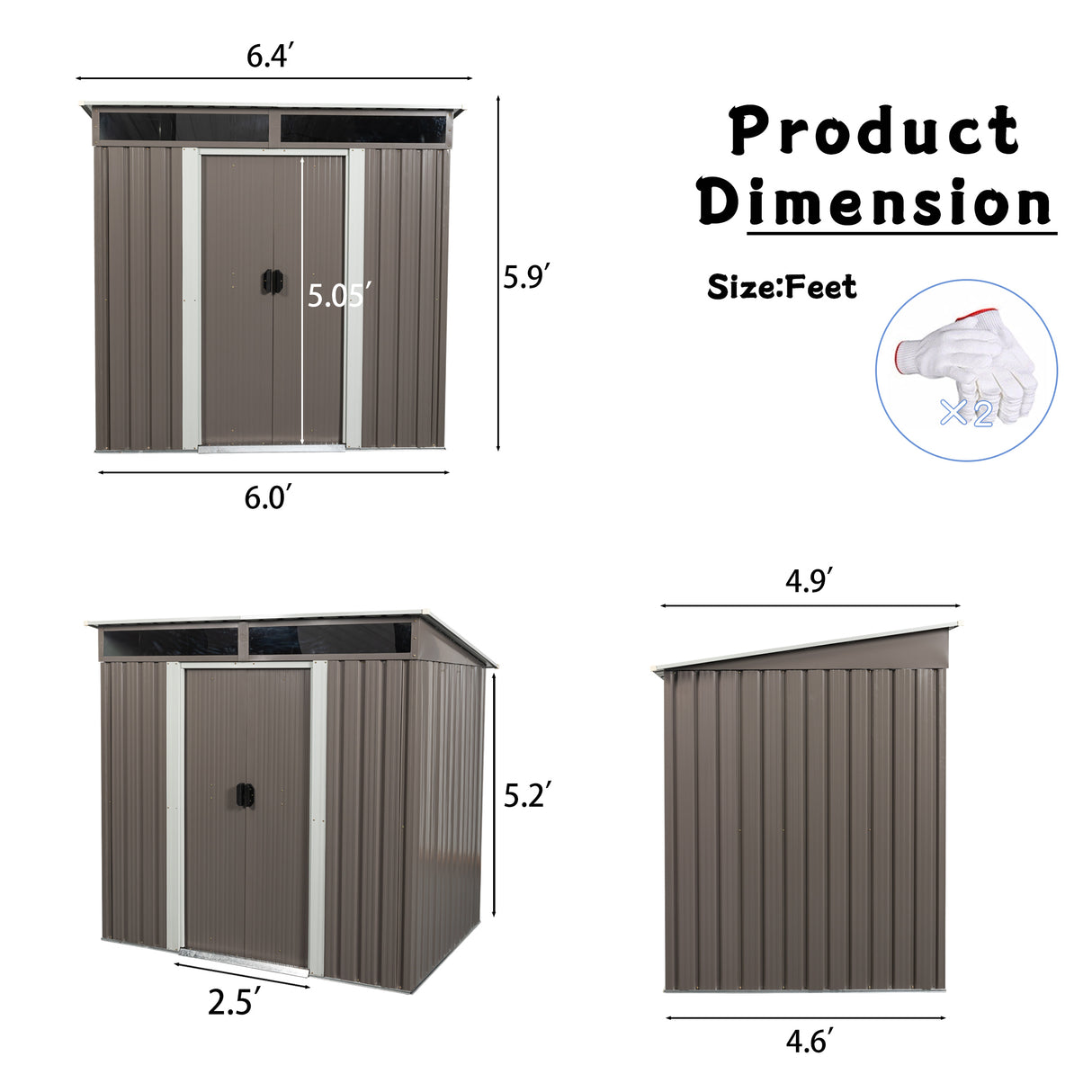 6ft x 5ft metalen opslag voor buiten transparant bord grijs