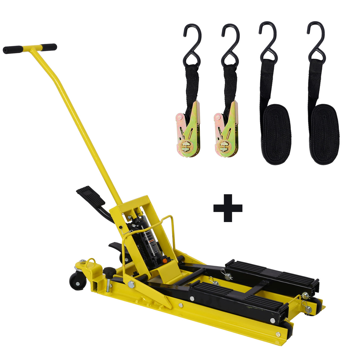 Gato elevador hidráulico para motocicleta, capacidad de 1500 libras, mesa portátil de tijera ATV con 4 ruedas, soporte de elevación accionado por el pie con amarre, color amarillo