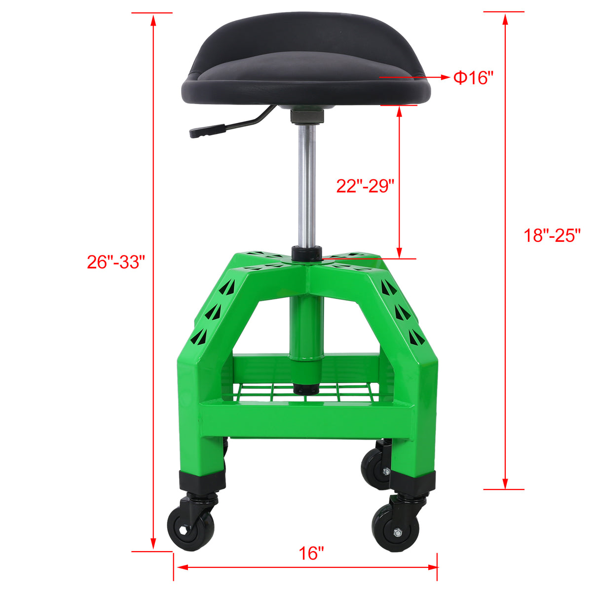 Tabouret pneumatique pivotant à 360 degrés, mécanique, siège rampant roulant, atelier roulant robuste avec roulettes, vert, capacité de 300 lb