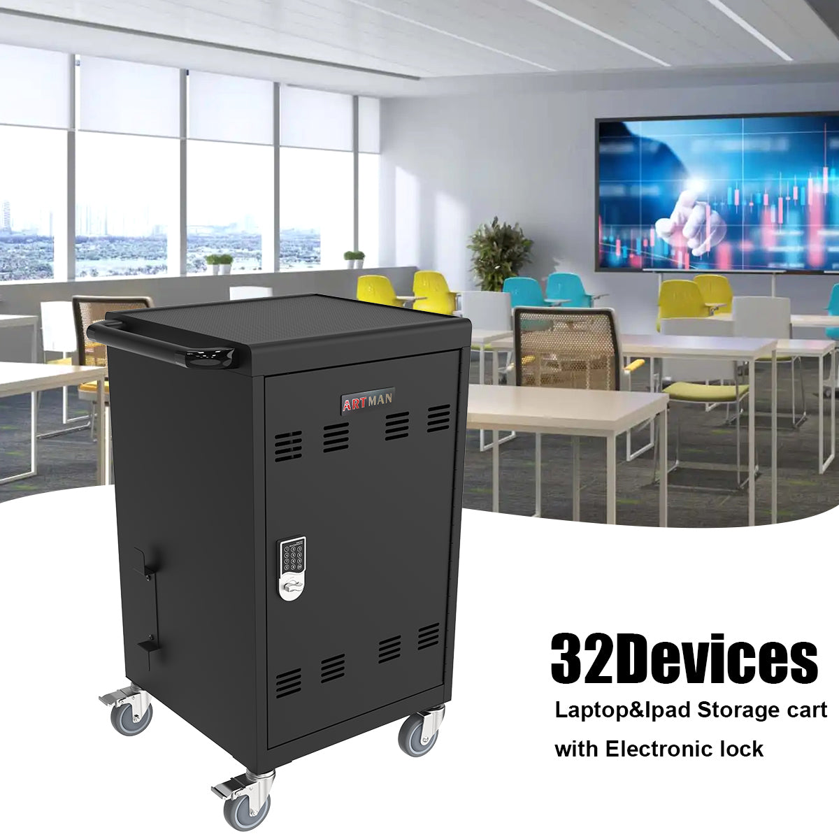 Mobile Charging Cart and Cabinet for Tablets Laptops 30-Device with Combination Lock Black