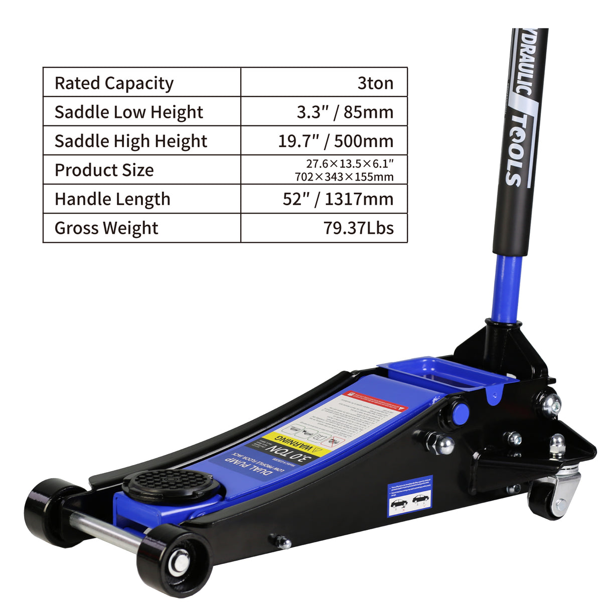 3T Hydraulic Ultra Low Floor Jack with Dual Pistons Quick Lift Pump Lifting Range 3.3"-19.7"