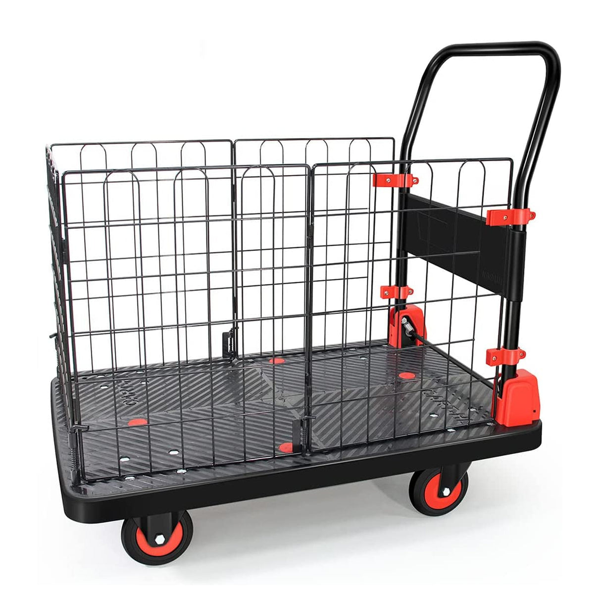 Foldable Platform Push Hand Truck Basket Cage Cart 660 lbs Weight Capacity--Black+Red