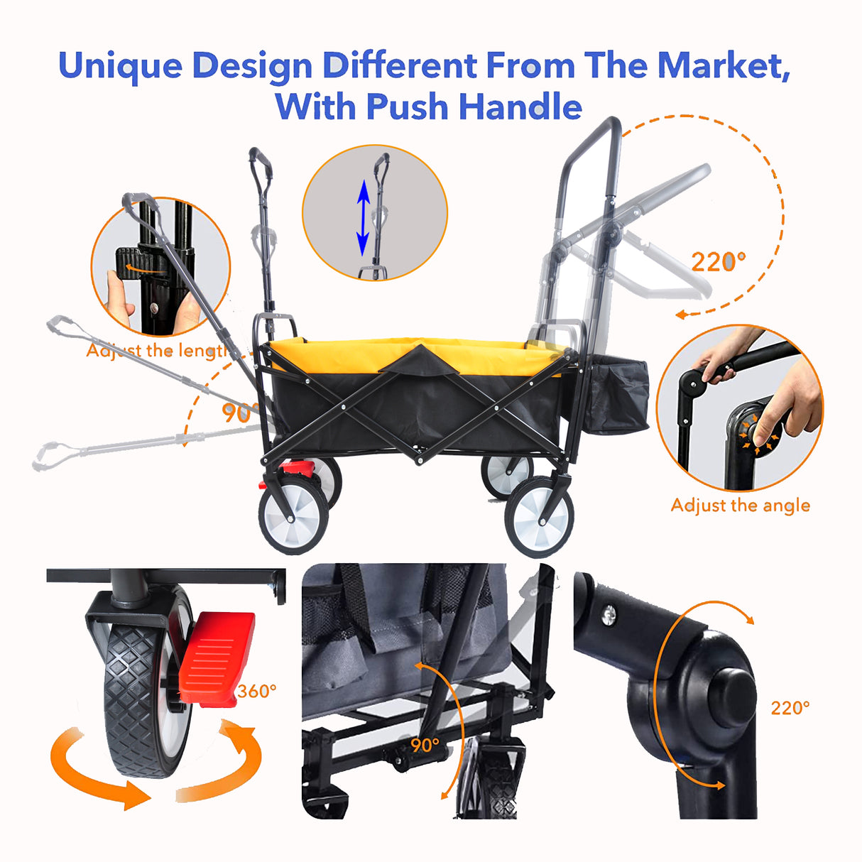 Chariot pliant pliable utilitaire extérieur robuste jardin Portable chariot à main porte-boissons poignées réglables jaune