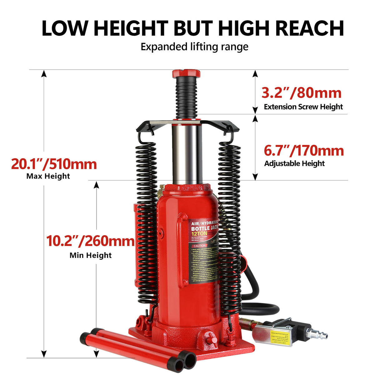 Luchthydraulische fleskrik 12 ton geheel gelast 10,2-20,1 inch hefbereik met 2-delige lange handgreep voor auto pick-up camper autoreparatie industriële techniek