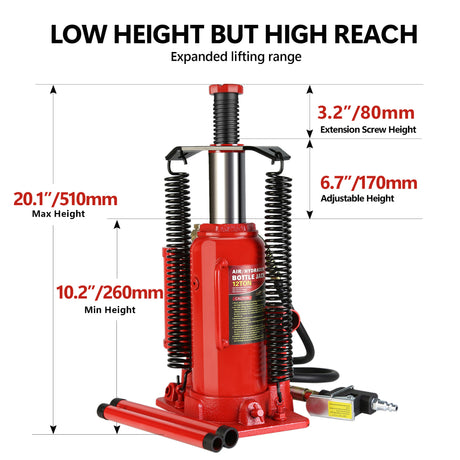 Luchthydraulische fleskrik 12 ton geheel gelast 10,2-20,1 inch hefbereik met 2-delige lange handgreep voor auto pick-up camper autoreparatie industriële techniek