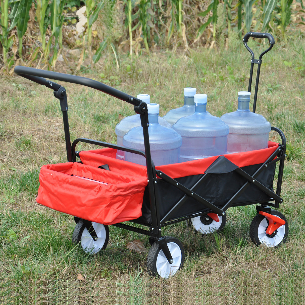 Zusammenklappbarer Mehrzweckwagen für den Außenbereich, robust, zusammenklappbar, für den Garten, tragbarer Handwagen, Getränkehalter, verstellbare Griffe, Schwarz, Rot