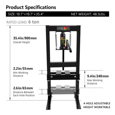 Hydraulic 6 Ton H-Frame Garage Floor Adjustable Shop Press with Plates-Black