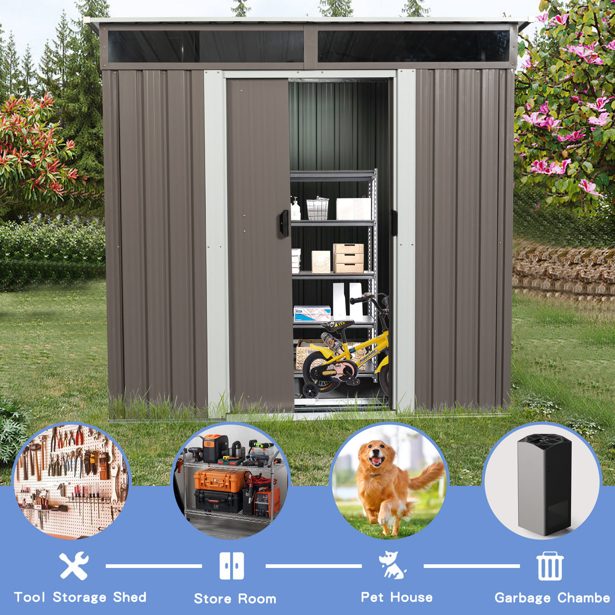 6ft x 5ft Outdoor Metal Storage Shed na may Window Transparent Plate Gray