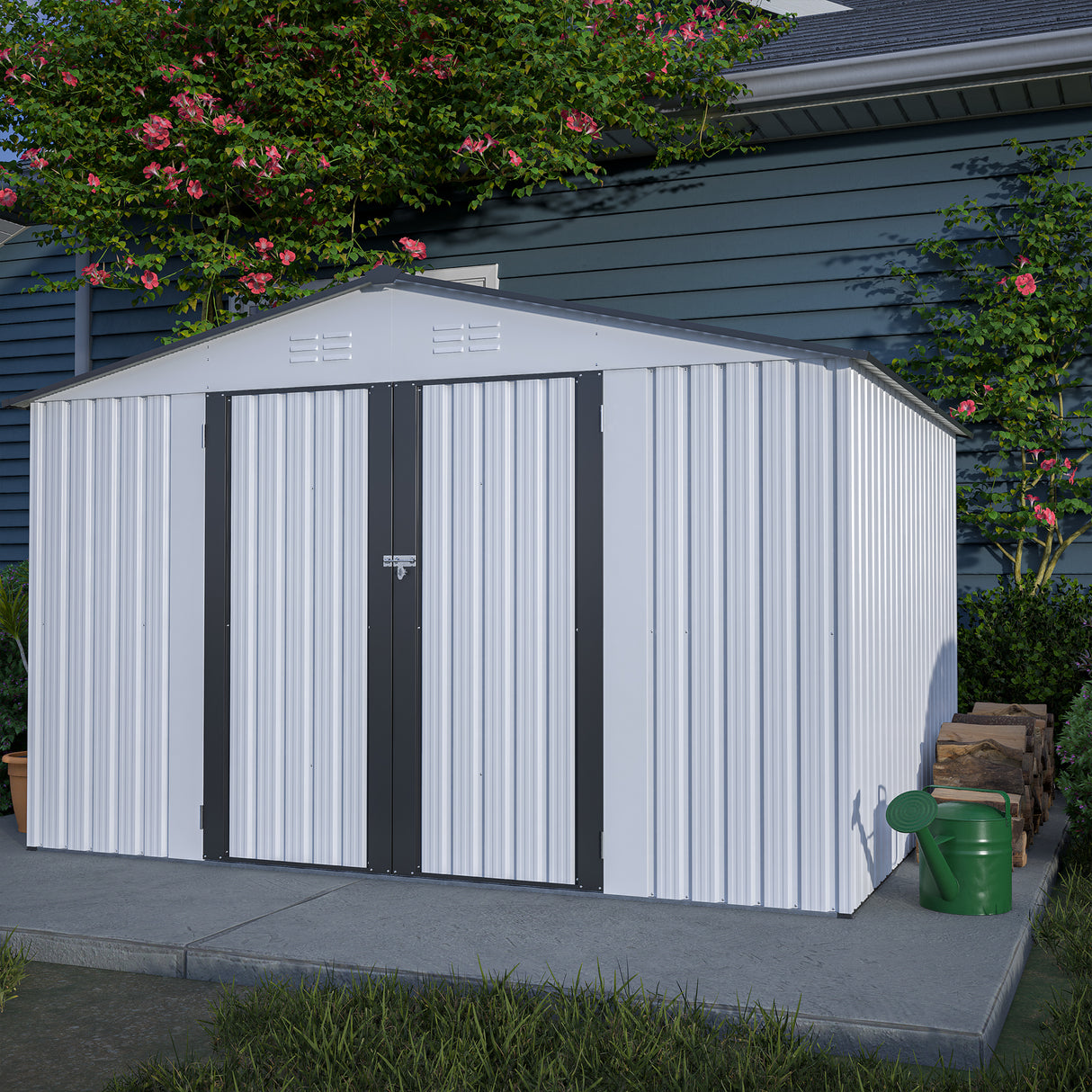 10X8 FT Outdoor Storage Shed Lahat ng Weather Metal na may Lockable Doors Tool para sa Patio ng Hardin sa Backyard Lawn Gray