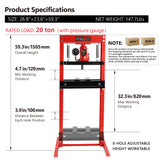 20 Ton Hydraulic Shop Floor Press Steel H-Frame na may mga Plate Adjustable Working Table Stand Jack para sa Mga Gear at Bearing Pula