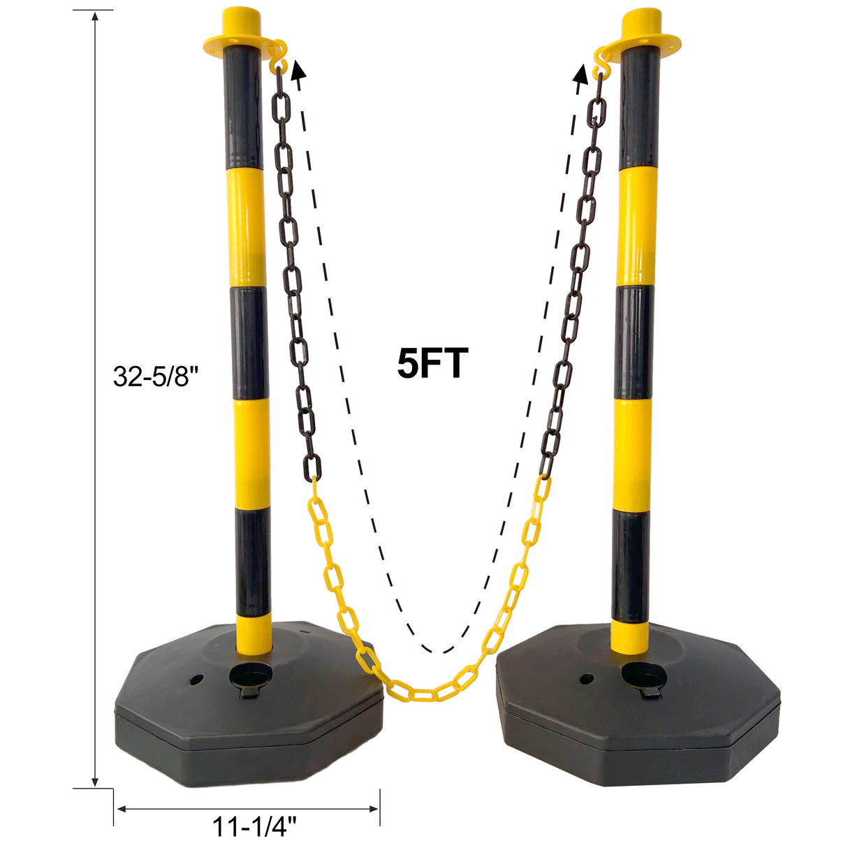 Paquete de 6 conos de poste delineador de tráfico con base rellenable, barrera de seguridad ajustable con cadena de plástico de 5 pies, puntal de control de multitudes para exteriores e interiores para control y advertencia, amarillo y negro