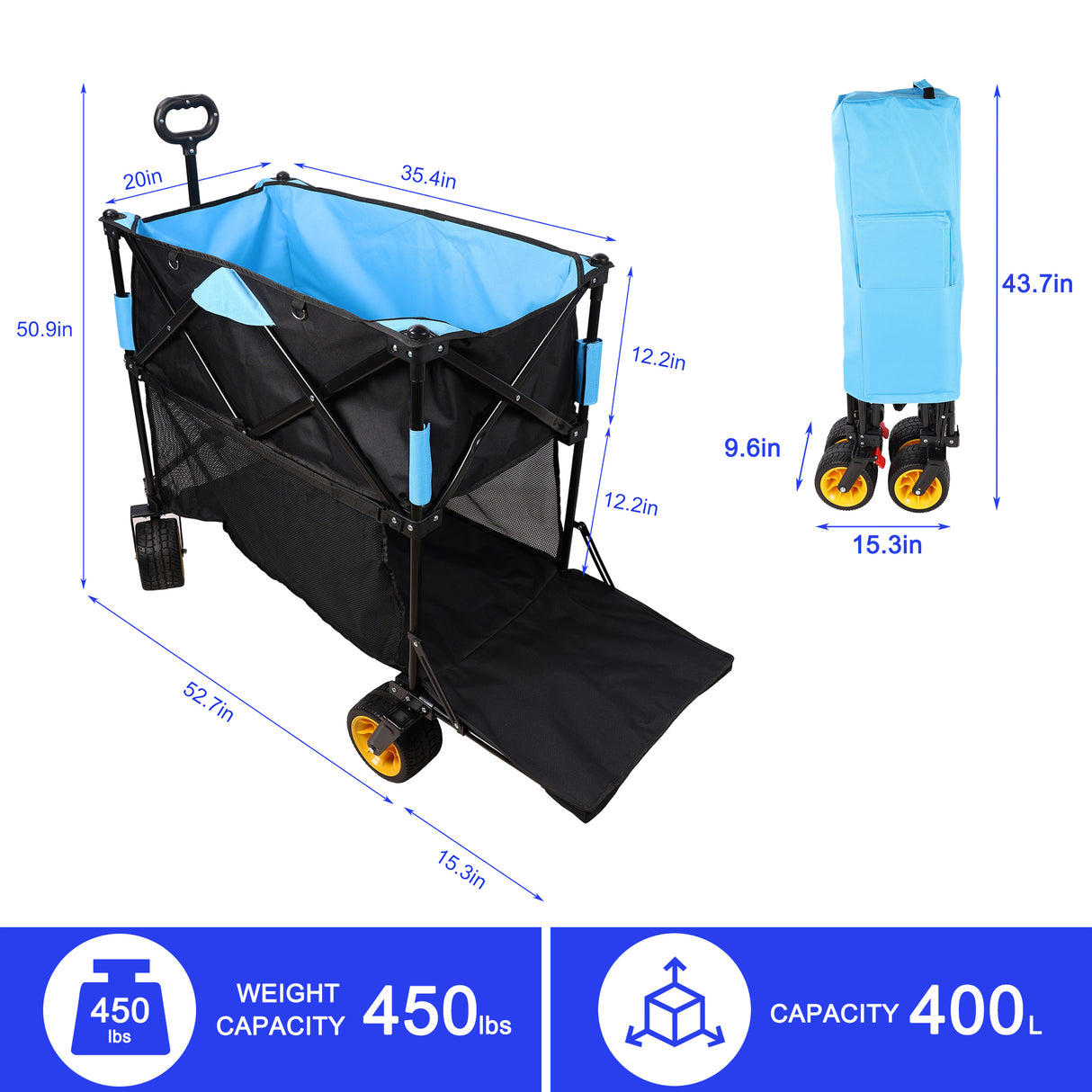 Carro plegable de gran capacidad, carro extensor Extra largo, carrito plegable para compras de jardín, carrito de playa, negro y azul