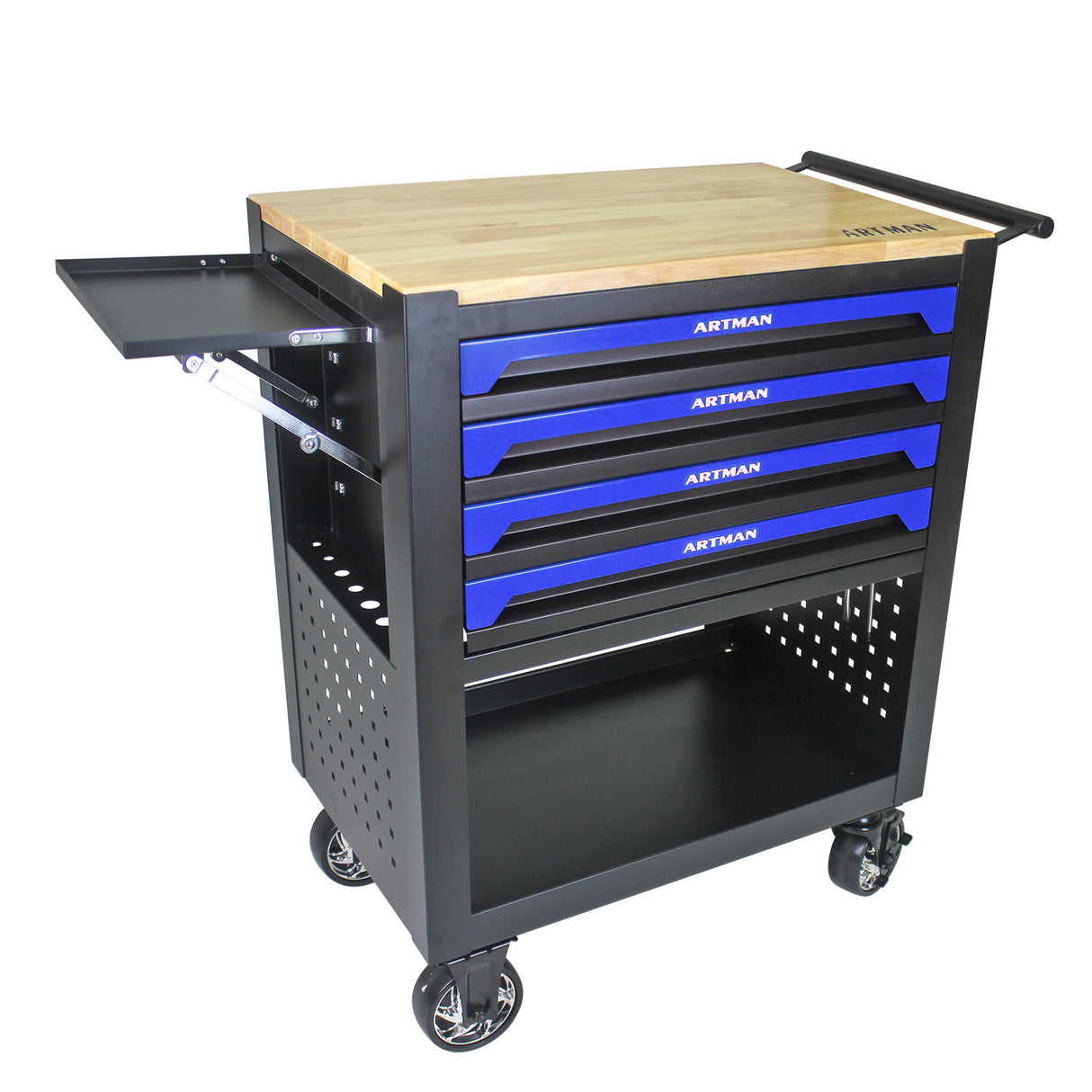 4 Drawers Multifunctional Tool Cart with Wheels and Wooden Top Blue