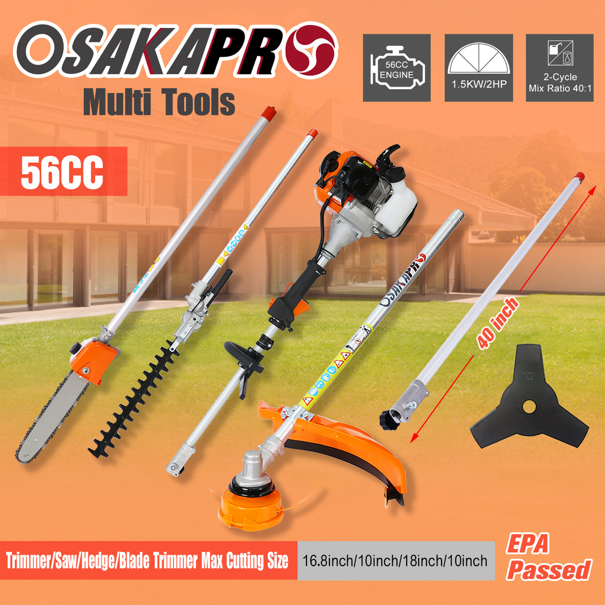 5 in 1 Multi-Functional Trimming Tool 56CC 2-Cycle Garden System with Gas Pole Saw Hedge Grass Trimmer and Brush Cutter EPA Compliant