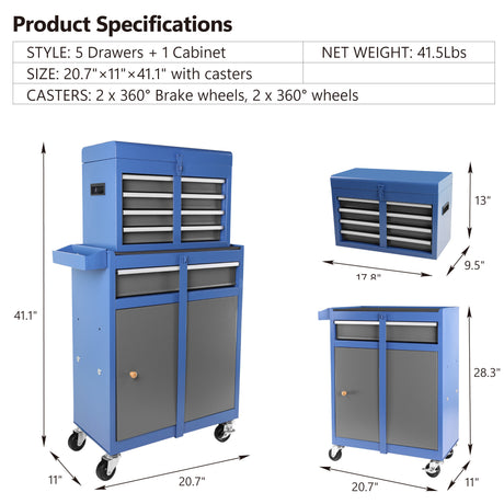 5-Drawer Rolling Tool Chest Storage Cabinet Cart with Detachable Top Tool Box Liner Universal Lockable Wheels Adjustable Shelf for Garage Workshop