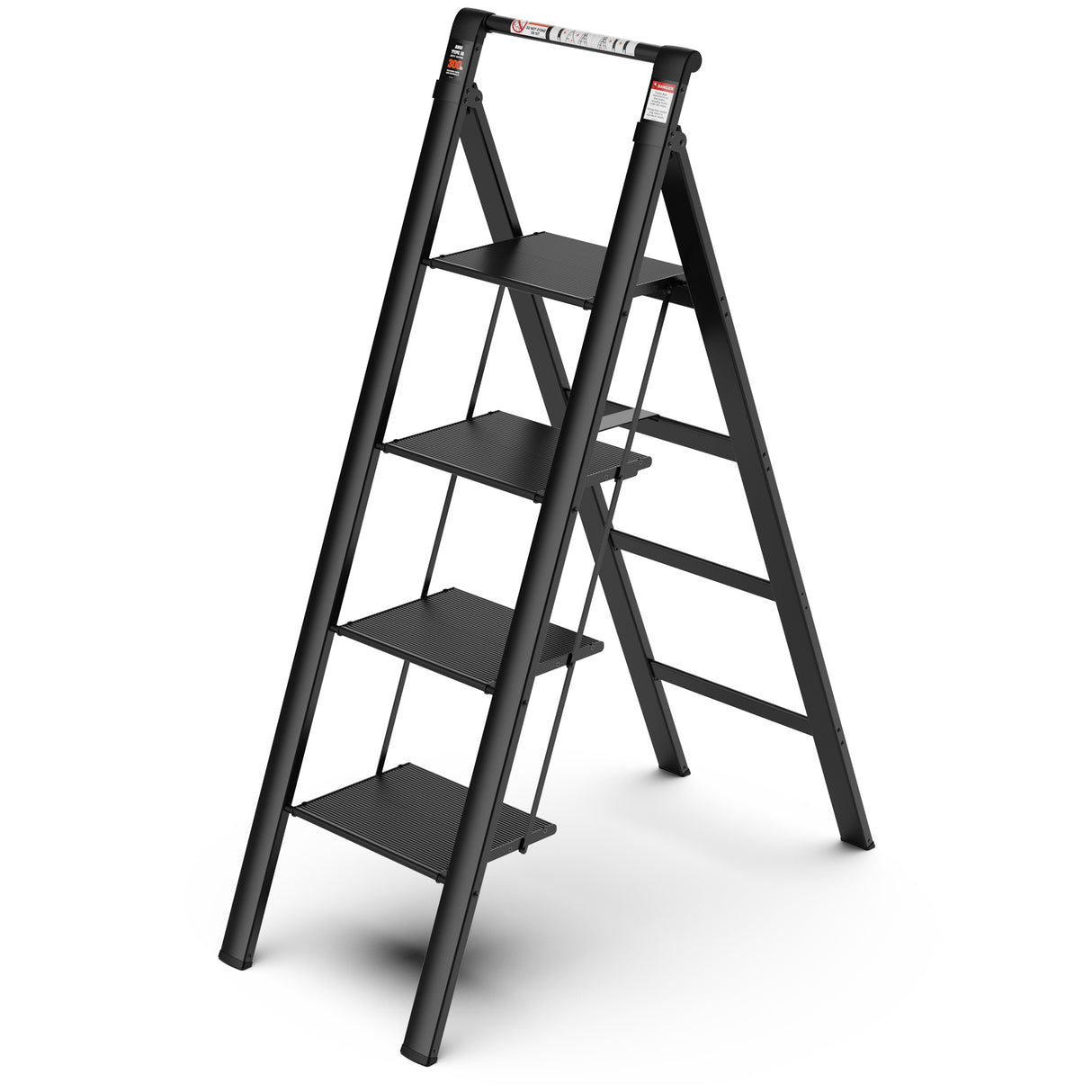 4 Step Ladder Kaligtasan ng Sambahayan Maaaring Iurong Handgrip Folding Stool na may Anti-Slip Wide Pedal Aluminum 300lbs--Itim