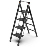 4-staps ladder Huishoudelijke veiligheid Intrekbare handgreep Opvouwbare kruk met antislip breed pedaal Aluminium 300 lbs - Zwart