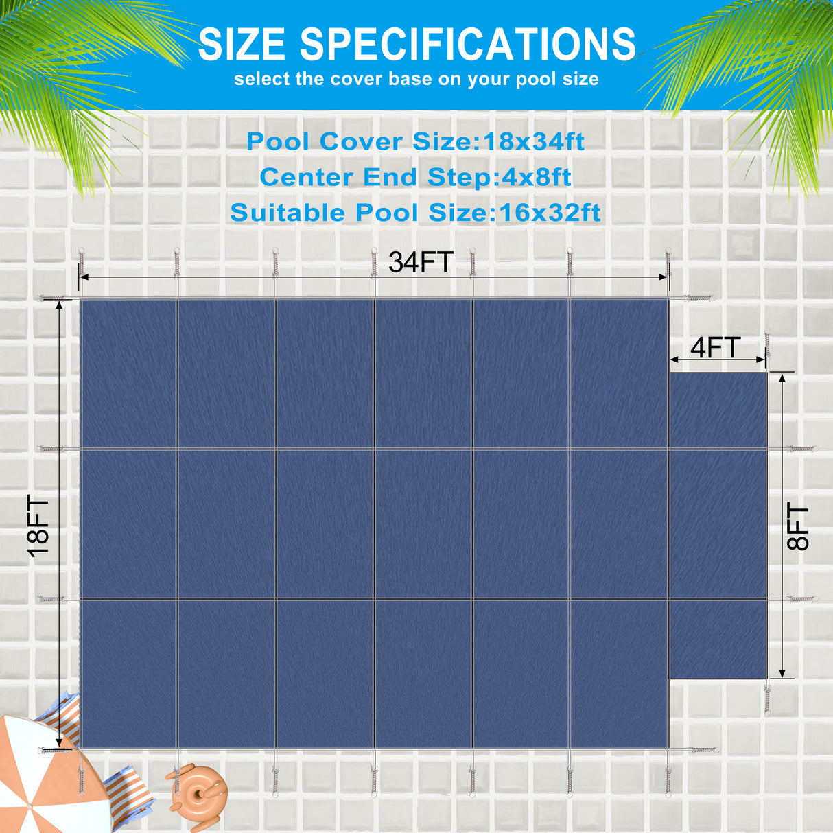 Ang Cover Safety ng Pool ay umaangkop sa 16x32ft Rectangular Inground Winter Swimming Pool na may 4x8ft Center End Step Triple Stitched High Strength Mesh PP Great Rain Permeability Installation Hardware--Blue Mesh