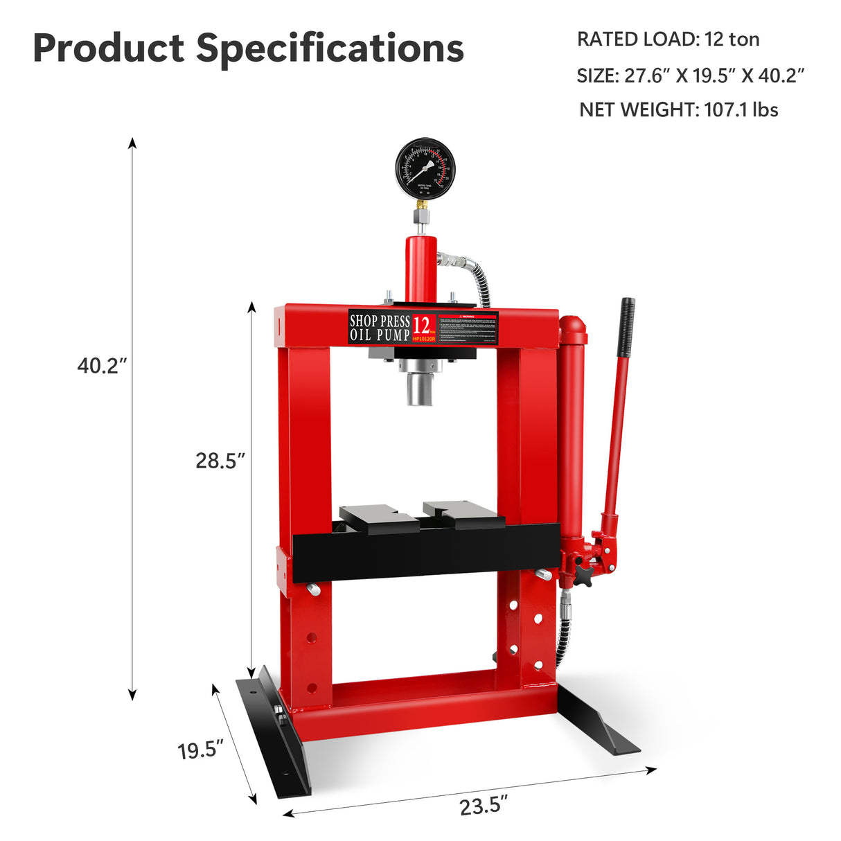 12-Ton Adjustable Benchtop Hydraulic Shop Press for Garage w/Stamping Plates & Pressure Manual Hand Pump